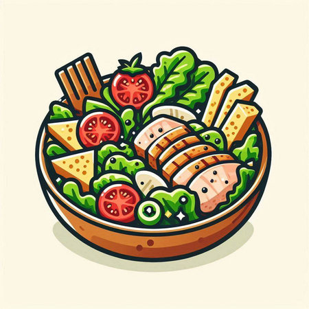 Salad with chicken and vegetables in a bowl. Vector illustration.のイラスト素材