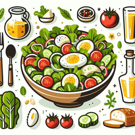 Healthy salad with tomatoes, lettuce, cucumbers and eggs. Vector illustration.のイラスト素材