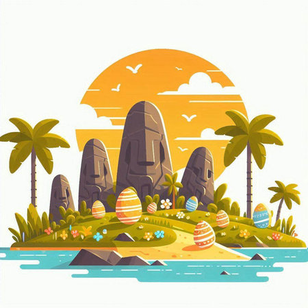 Cartoon prehistoric island on the sea. Vector illustration in flat styleのイラスト素材