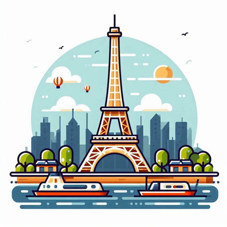 Eiffel tower in Paris, France. Vector flat illustration.のイラスト素材