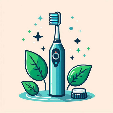 Electric toothbrush with green leaves. Vector illustration in cartoon style.のイラスト素材