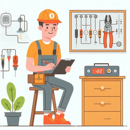 Plumber at work. Vector illustration in a flat style. Man in a helmet with a clipboard.のイラスト素材