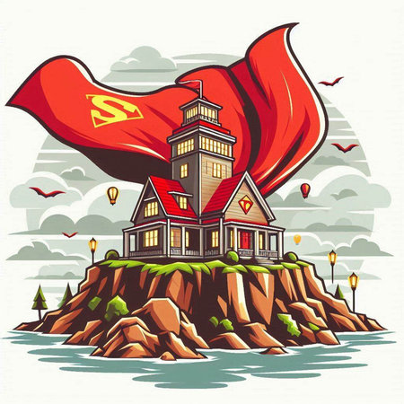House with a red flag on the island in the sea. Vector illustrationのイラスト素材