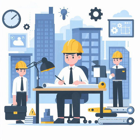 Architects working on construction site. Vector illustration in flat styleのイラスト素材