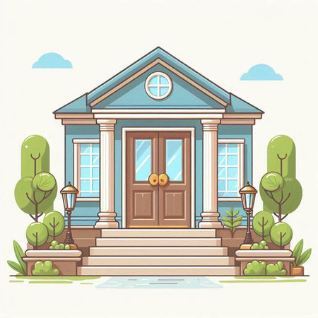 Vector illustration of a beautiful house in the garden. Cartoon style.のイラスト素材