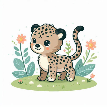 Cute cartoon cheetah in the garden. Vector illustration.のイラスト素材