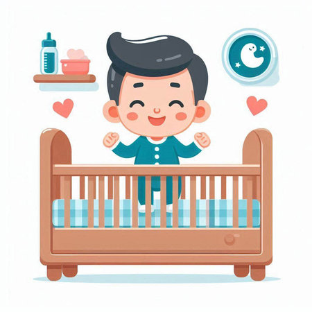 Cute baby boy in bed. Vector illustration in cartoon style.のイラスト素材