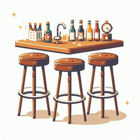 Vector illustration of a bar counter with beer bottles and beer glasses.のイラスト素材