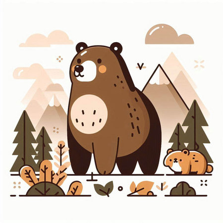 Cute bear in the forest. Vector illustration in flat style.のイラスト素材