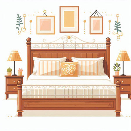 Bedroom interior with wooden bed, lamp and plants. Vector illustration.のイラスト素材