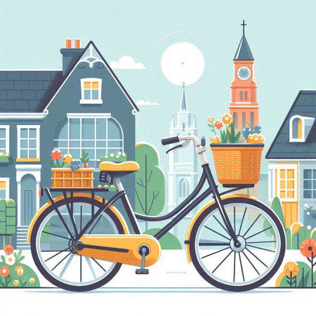 Bicycle with basket full of flowers in the city. Vector illustrationのイラスト素材