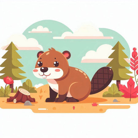 Cute beaver sitting on the ground in the forest. Vector illustrationのイラスト素材