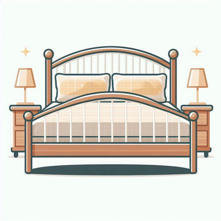 Vector illustration of a classic double bed with pillows and bedside tableのイラスト素材