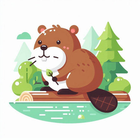 Cute cartoon beaver sitting on the ground. Vector illustration.のイラスト素材