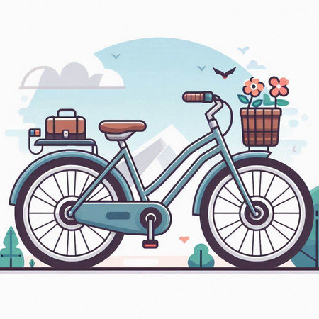 Bicycle with a basket of flowers. Vector illustration in flat styleのイラスト素材