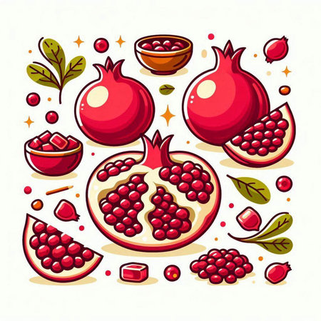 Pomegranate and pomegranate seeds set. Vector illustration.のイラスト素材