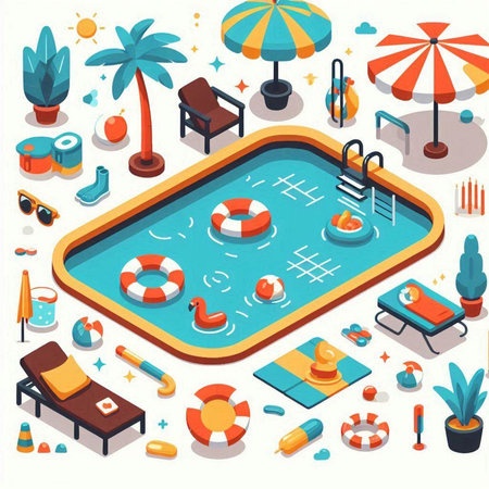 Swimming pool isometric vector illustration. Swimming pool with palm trees and sun loungers.のイラスト素材