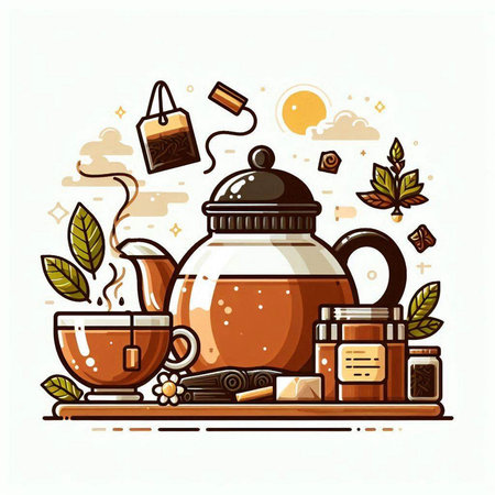 Tea time concept with teapot and cups. Vector illustration.のイラスト素材