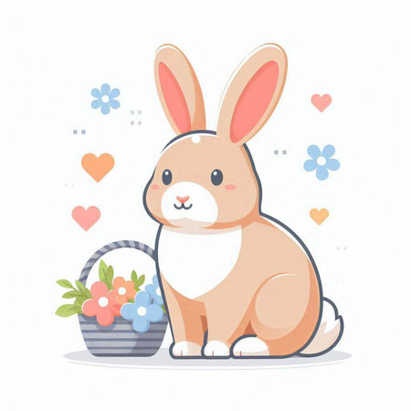 Cute rabbit with basket of flowers and hearts. Vector illustration.のイラスト素材