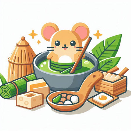 Illustration of a Mouse in a Japanese Bowl with Miso Soupのイラスト素材