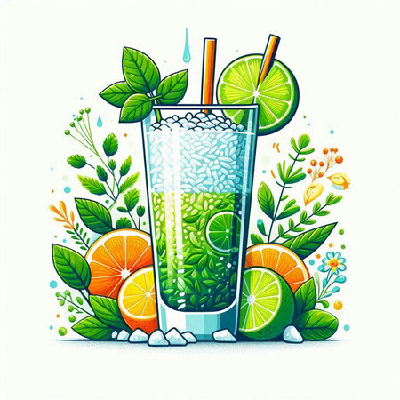 Cocktail with lime, mint and ice. Vector illustration.のイラスト素材