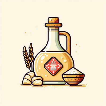 Illustration of soybean oil in a bottle with grains and rice.のイラスト素材