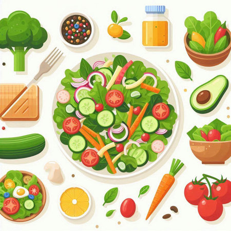 Fresh vegetable salad with tomatoes, cucumber, onion, avocado, lettuce, bell pepper, olive oil. Healthy food. Vector illustration.のイラスト素材