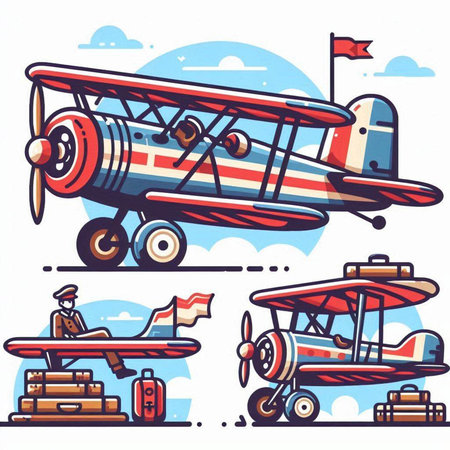 Set of vintage biplane icons. Vector illustration in cartoon style.のイラスト素材