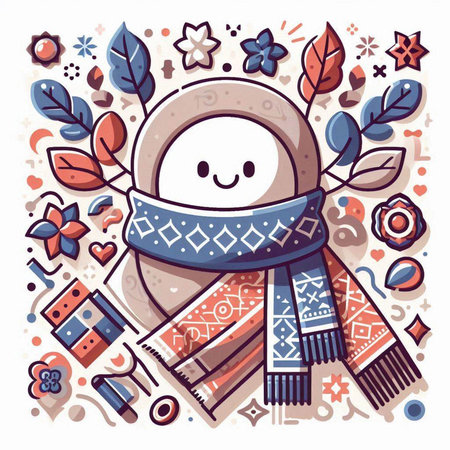 Vector illustration of cute kawaii snowman in winter clothes with snowflakes and leaves.のイラスト素材