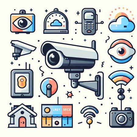 Vector set of security and surveillance icons in flat linear style. Security camera, video surveillance, surveillance camera, smart home, camera, cloud computing, smart house, internet of things.のイラスト素材