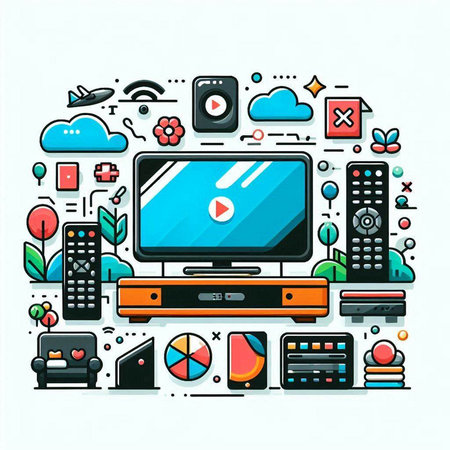 Modern flat line design vector illustration concept of home entertainment technology and multimedia.のイラスト素材