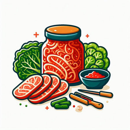 Vector illustration of a jar of pickled cucumbers and tomatoes.のイラスト素材