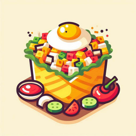 Vector illustration of Japanese food with fried egg and vegetables. Flat style.のイラスト素材