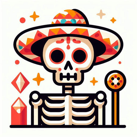 Mexican skull with sombrero hat and candies. Vector illustrationのイラスト素材