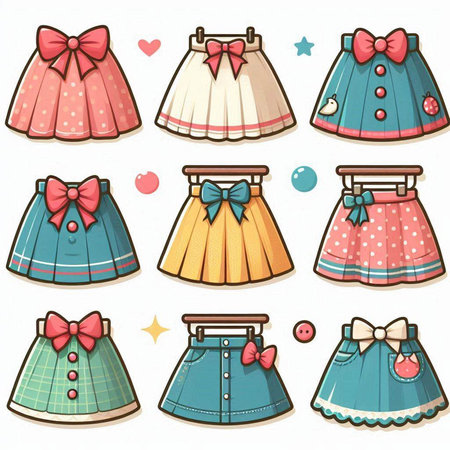 Vector set of hand drawn fashion icons. Skirt, blouse, skirt, shoes, flower, plant, pencils, cactus, watering can, wallet, key, flowers, sun.のイラスト素材