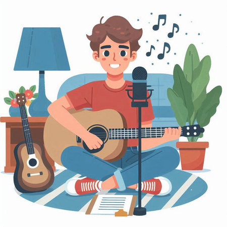 Young man playing guitar at home. Vector illustration in cartoon style.のイラスト素材