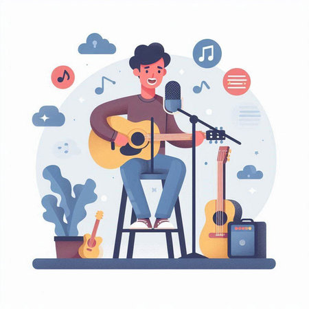 Man singing and playing guitar. Vector illustration in flat cartoon style.のイラスト素材