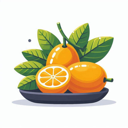 Citrus fruits with leaves on plate isolated on white background. Vector illustration.のイラスト素材