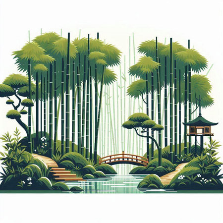 Bamboo forest and bridge in the pond, vector illustration, EPS10のイラスト素材