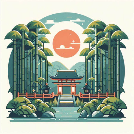 Japanese temple in the forest. Vector illustration in flat design style.のイラスト素材