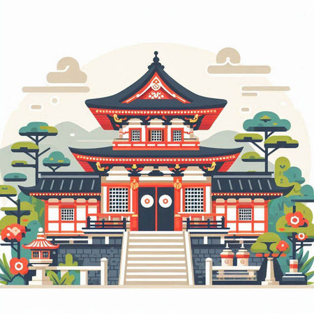 Japanese temple. Vector illustration in flat design style. Isolated on white background.のイラスト素材