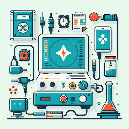 Colorful flat line art vector illustration of electronic equipment and devices.のイラスト素材