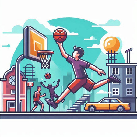 Basketball player in action on the street. Vector illustration in cartoon styleのイラスト素材