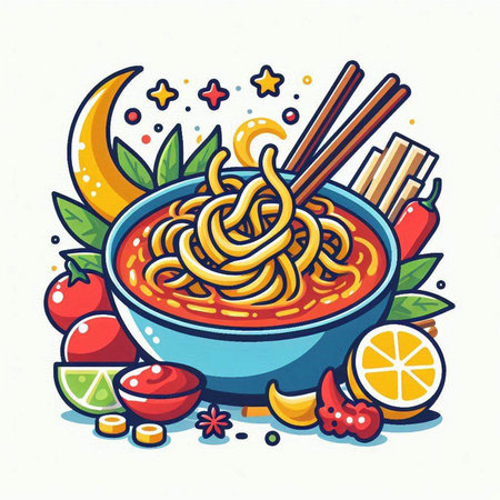Spaghetti in bowl with chopsticks and ingredients for cooking, vector illustrationのイラスト素材