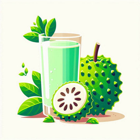 Glass of fresh soursop juice with green leaves. Vector illustration.のイラスト素材