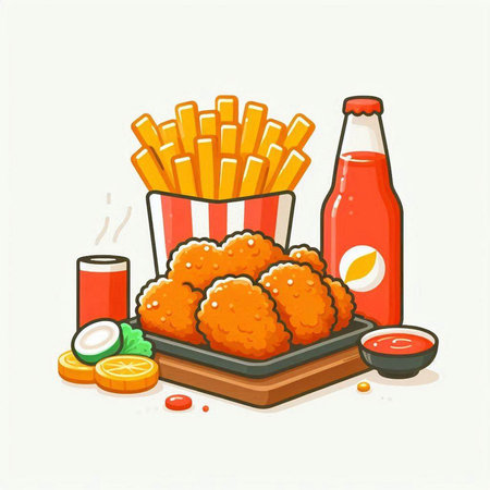 Fast food vector illustration. Fast food concept. Fried chicken, french fries, ketchupnnaise.のイラスト素材