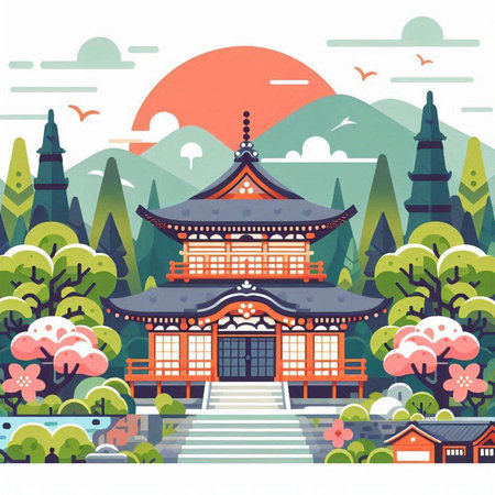 Japanese temple in the middle of the forest. Vector illustration in flat style.のイラスト素材