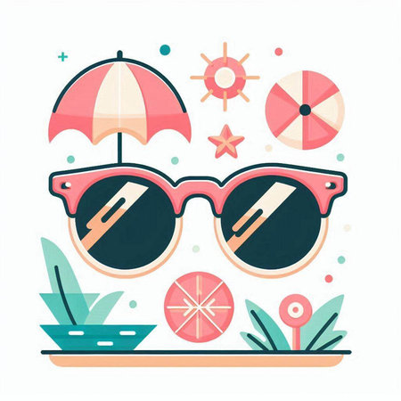 Summer flat vector illustration. Sunglasses and beach accessories on white background.のイラスト素材