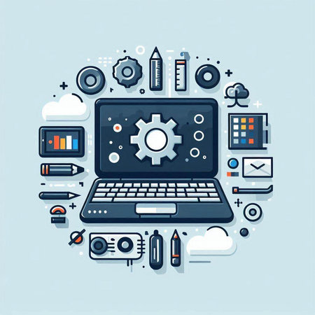 Laptop with gear wheel. Vector illustration in thin line style.のイラスト素材