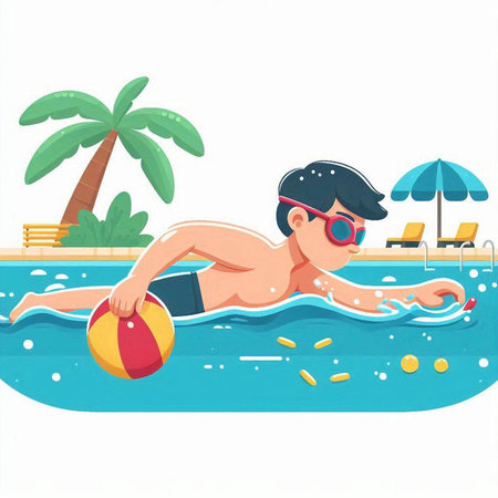 Boy in swimming pool with inflatable ball. Vector cartoon illustration.のイラスト素材